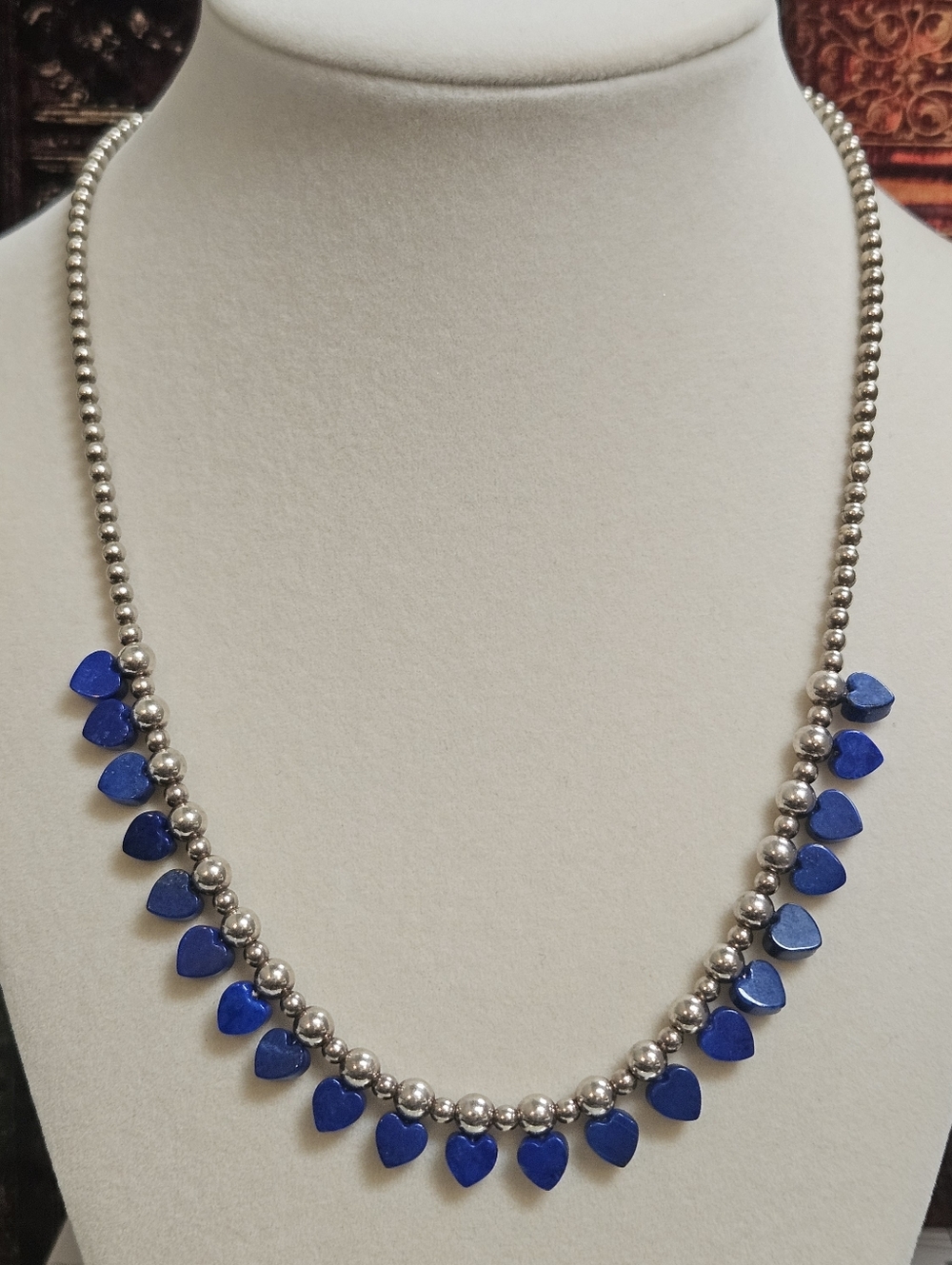 Vintage 925 QT Lapis Lazuli Heart Beads Sterling Silver Necklace